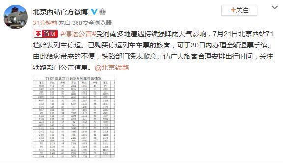 受河南多地遭遇持续强降雨天气影响，北京西站今日71趟始发列车停运